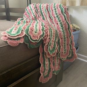 Vintage Pink, Green and white crochet blanket throw
